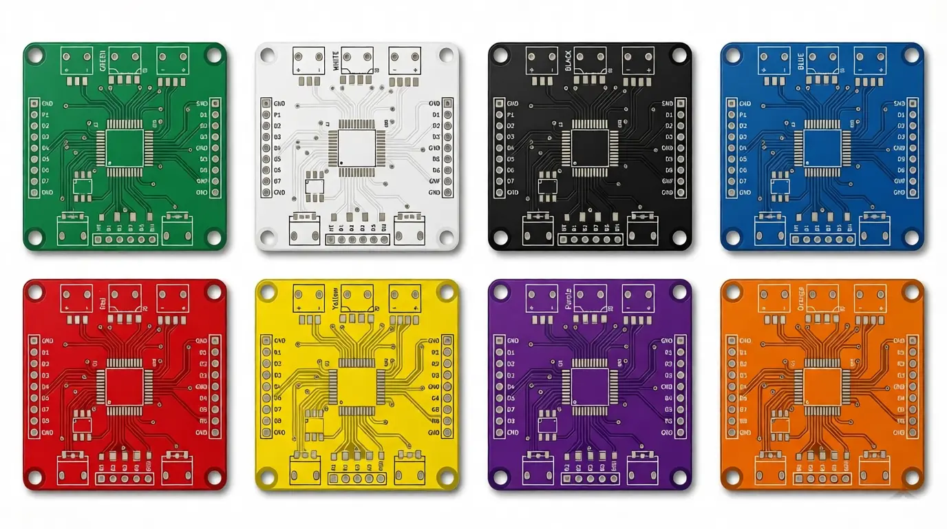 Twelve colorful square PCBs laid out in a grid, each with circuit traces and a central square chip.