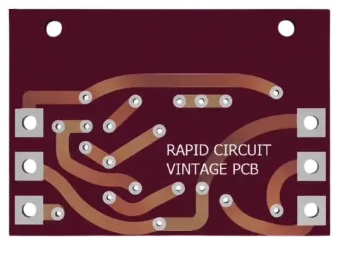 Vintage red PCB showing copper traces, edge mounting holes, and the label 'RAPID CIRCUIT VINTAGE PCB'
